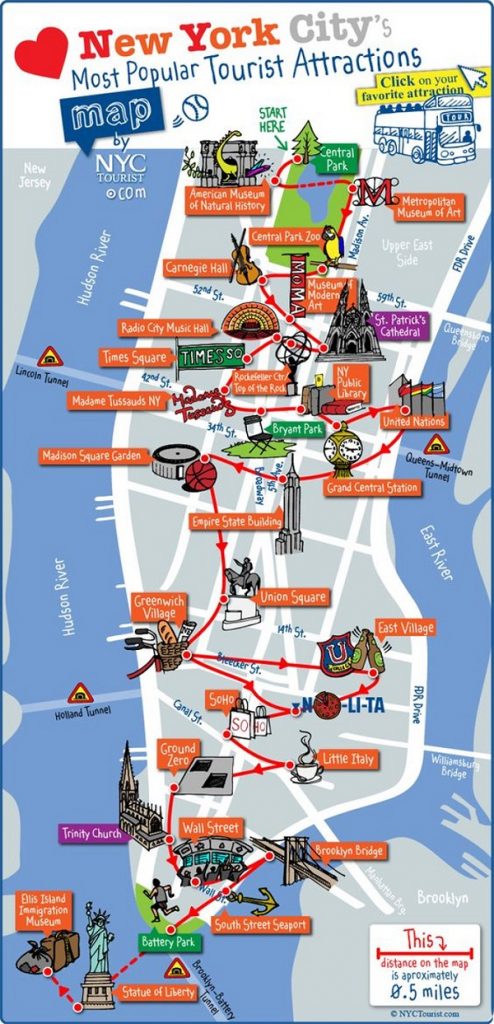 Map and itinerary to visit the main attractions of New York